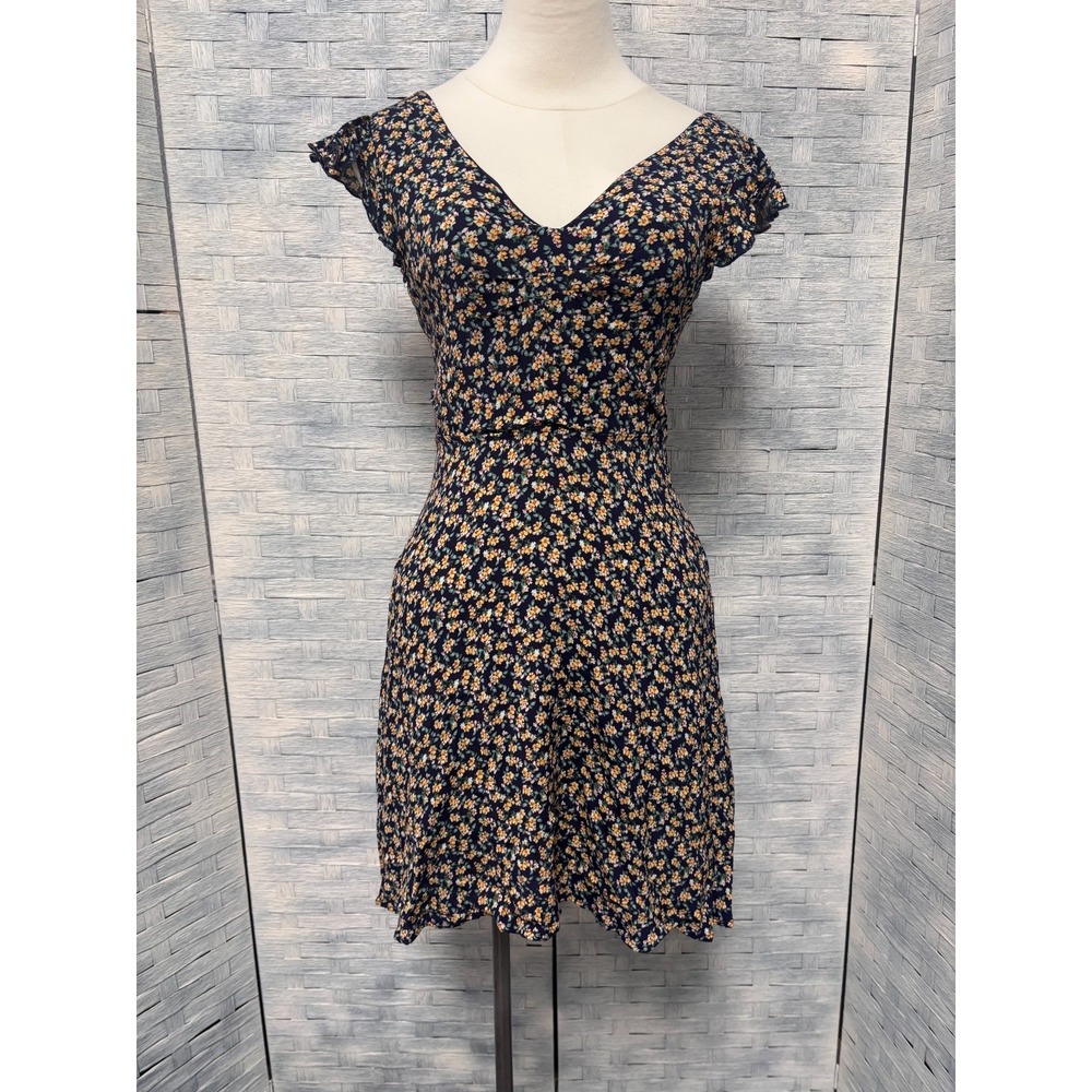 Altar'd State Women Small Cheryl Dress Navy Blue Floral Open Back Tie Mini Boho